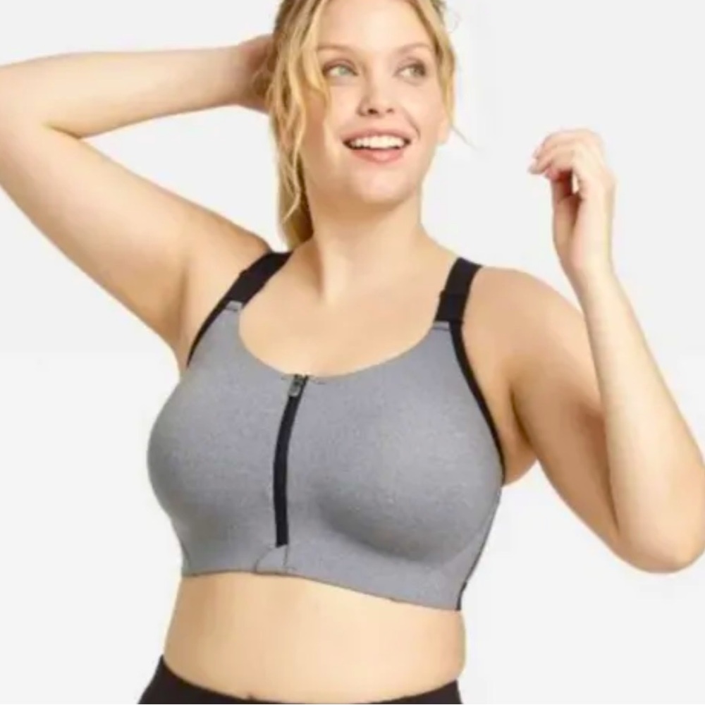 Women’s high support zip front sports bra All in motion gray size 34DD NEW
